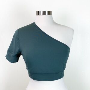 NEW Zella One Shoulder Cropped Short Sleeve Yoga Top | GREEN | Medium